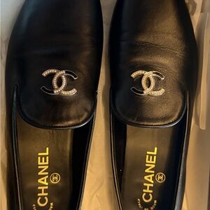 CHANEL Black Leather Shoes with Gold Logo